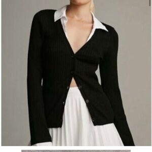 Maeve Anthropologie Black Ribbed Cardigan with White Collar and Cuffs